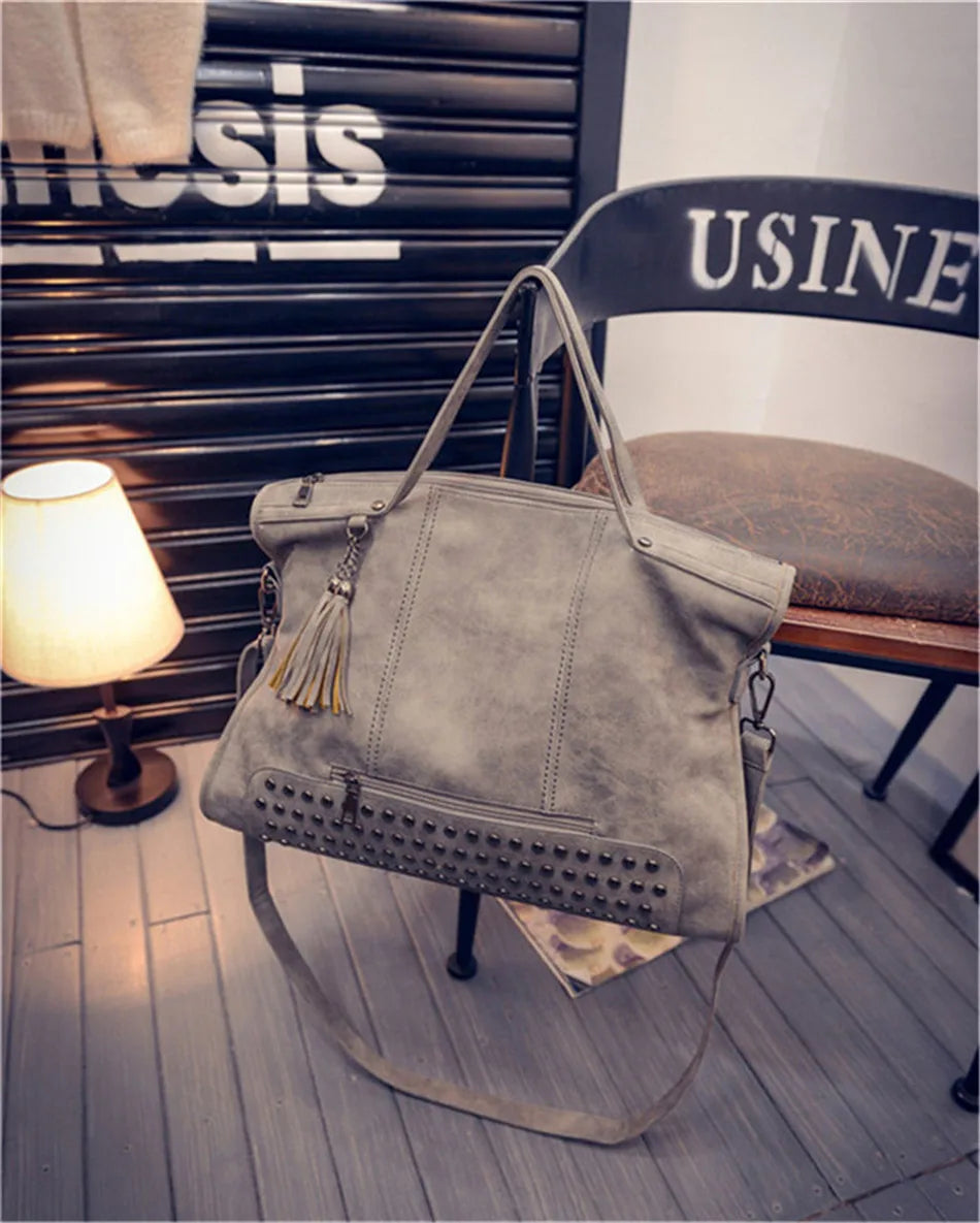 Luxury Matte Faux Suede Large Tote Bag – Vintage Rivet Tassel Handbag for Women