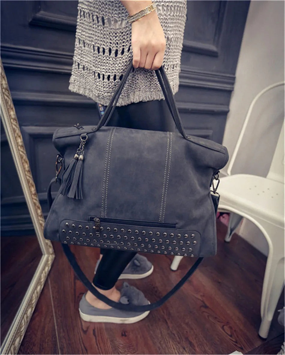 Luxury Matte Faux Suede Large Tote Bag – Vintage Rivet Tassel Handbag for Women