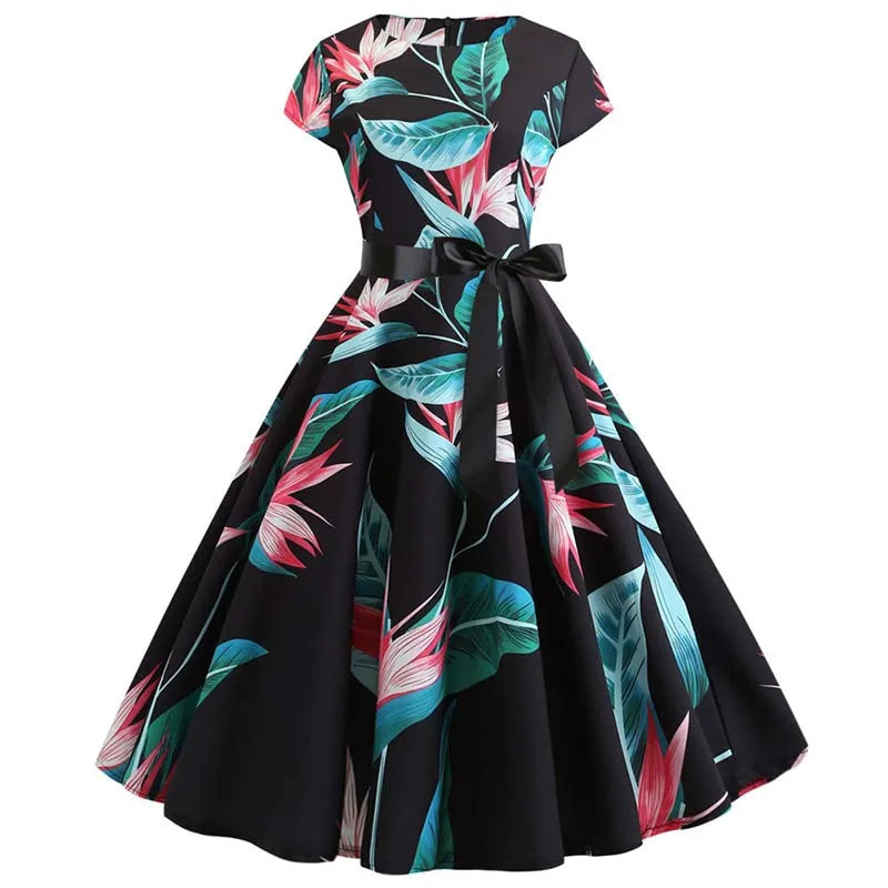 Women Summer Music Note Print Dress 50s 60s Robe Retro Swing Casual Vintage Party Dresses Vestidos