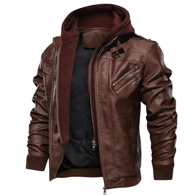Men's Faux Leather Biker Jacket – Detachable Hood