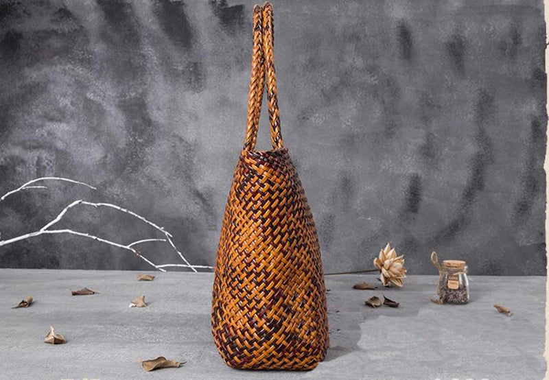 Handmade Woven Cowhide Leather Bucket Tote Bag – Romantic Beach Shoulder Handbag for Women