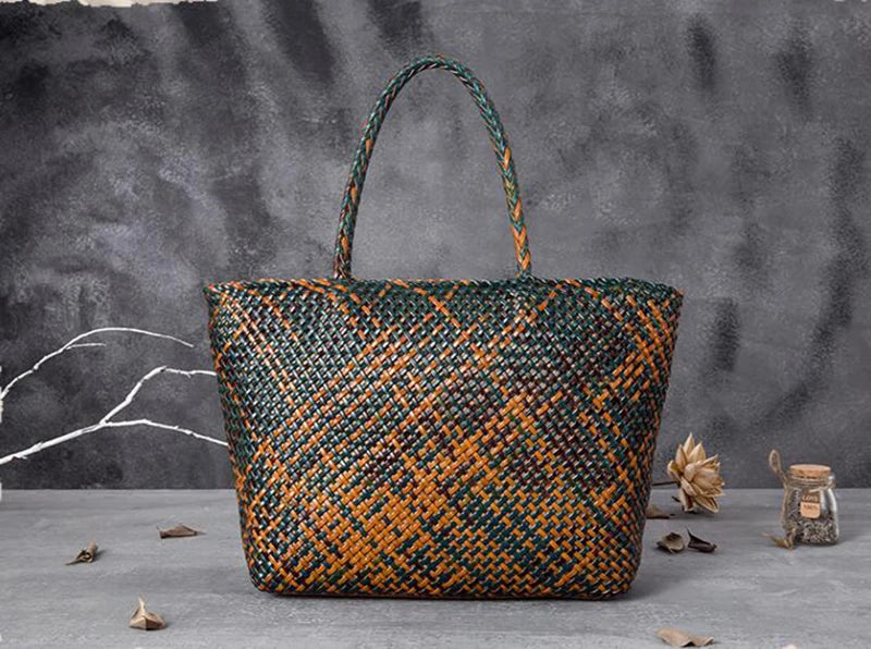 Handmade Woven Cowhide Leather Bucket Tote Bag – Romantic Beach Shoulder Handbag for Women