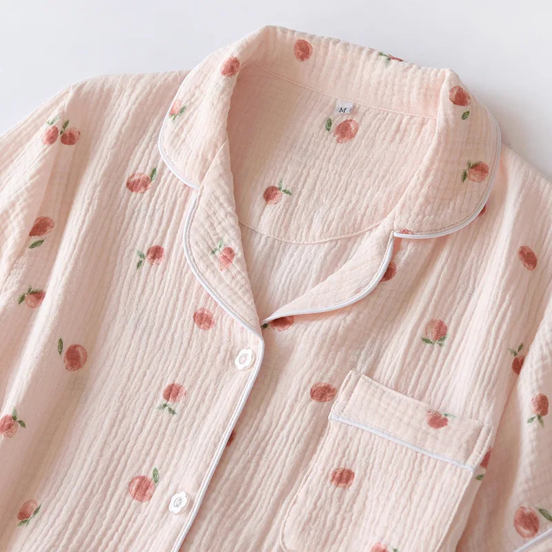 Women's 100% Cotton Short Sleeve Shorts Pajamas Set | Thin Crepe Cloth Spring Autumn Loose Homewear