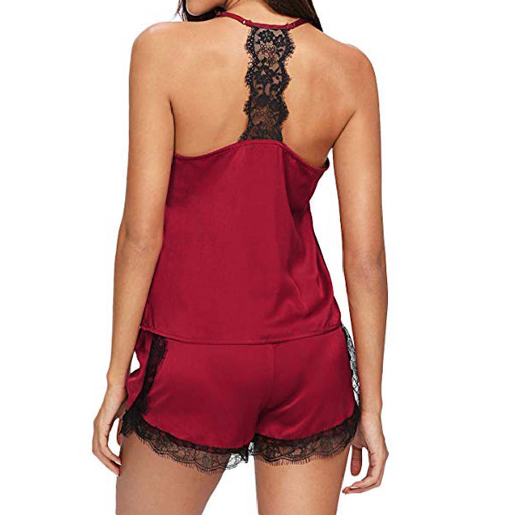 Lace V-Neck Satin Pajama Set — 2-Piece Sexy Sleepwear