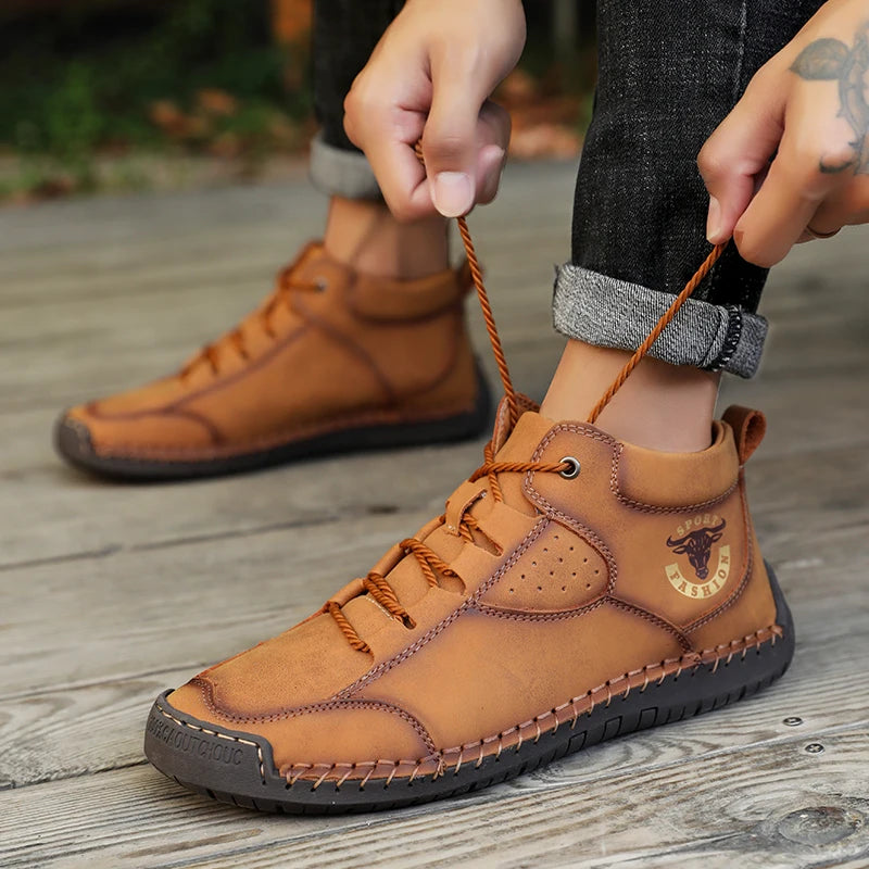 Men's Genuine Leather High-Top Casual Shoes — Handmade Waterproof Slip-On Boots (Sizes 38-48)