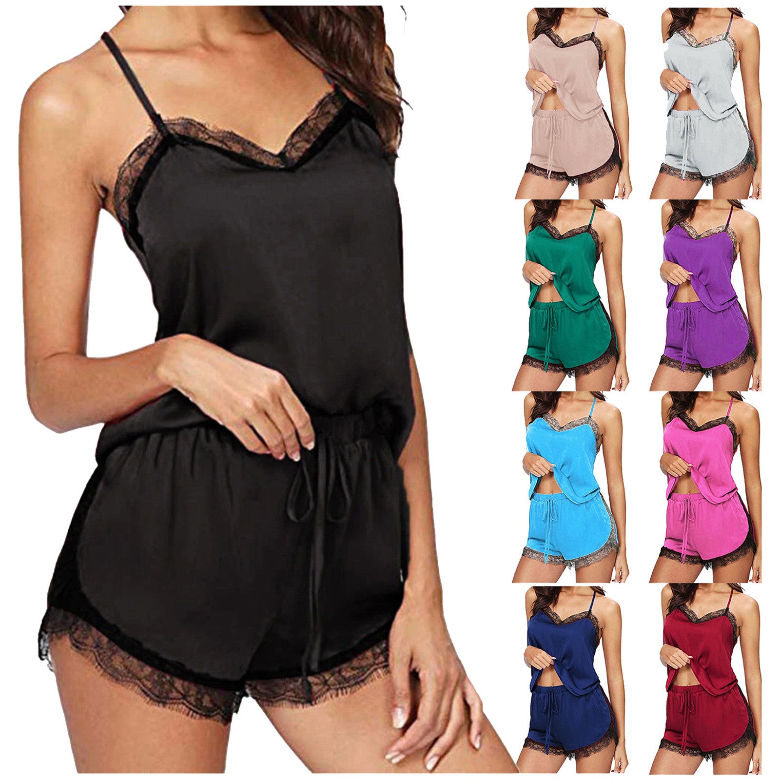 Lace V-Neck Satin Pajama Set — 2-Piece Sexy Sleepwear