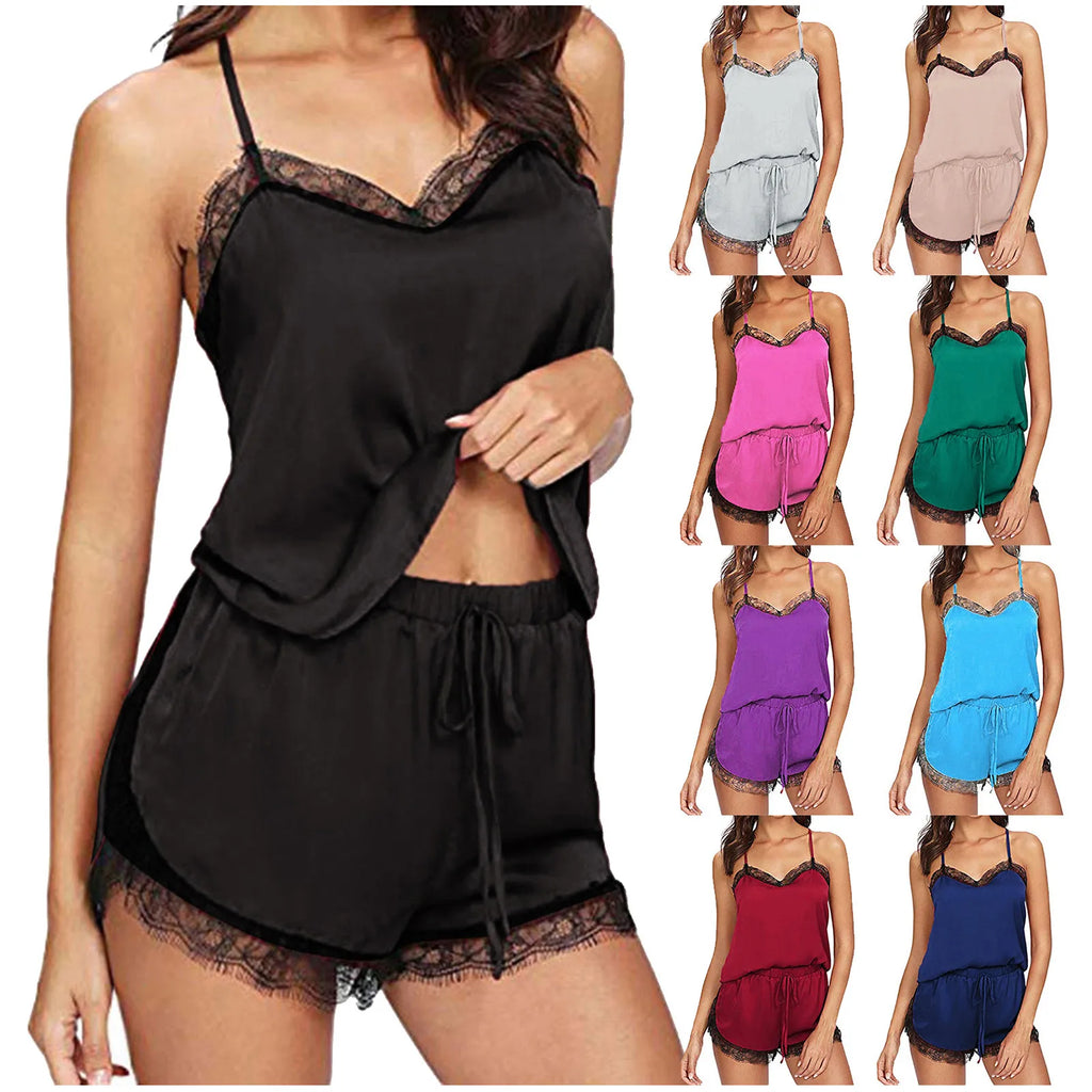 Lace V-Neck Satin Pajama Set — 2-Piece Sexy Sleepwear