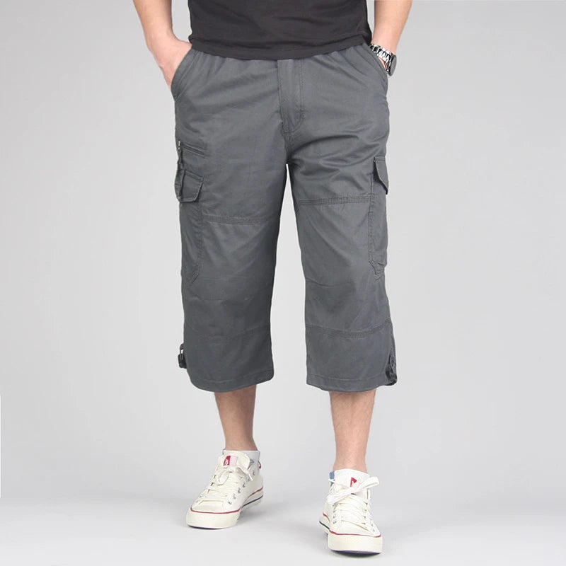 Men's Long Cargo Shorts — Multi-Pocket Military Tactical Cotton Capri Pants