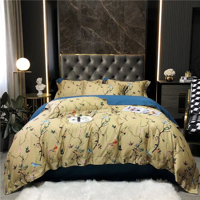 600TC Egyptian Cotton Bedding Set – Birds & Flowers Leaf Print, 16 Colors, Queen to US King