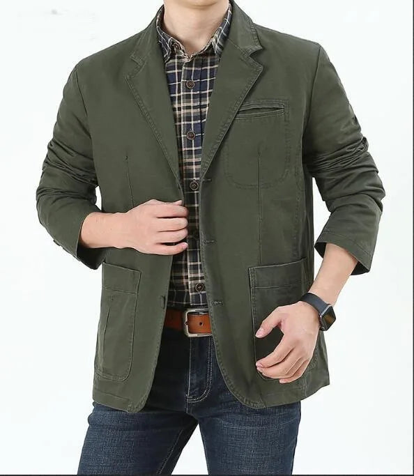 Men's Single Breasted Blazer — Washable Loose Fit Military Style Jacket