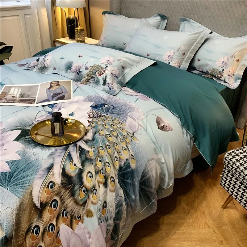 600TC Egyptian Cotton Bedding Set – Birds & Flowers Leaf Print, 16 Colors, Queen to US King