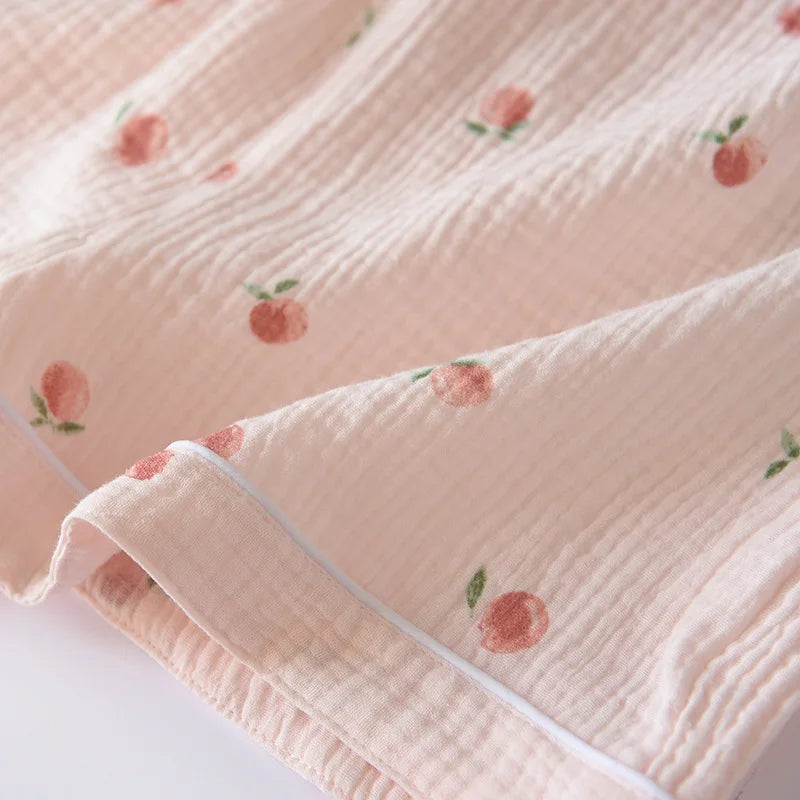 Women's 100% Cotton Short Sleeve Shorts Pajamas Set | Thin Crepe Cloth Spring Autumn Loose Homewear