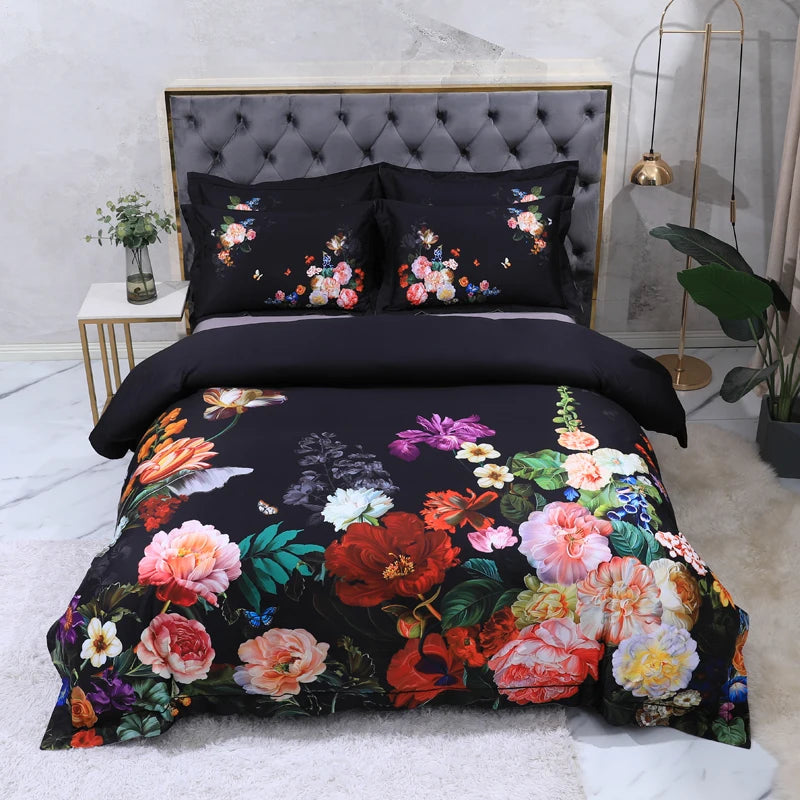 600TC Egyptian Cotton Bedding Set – Birds & Flowers Leaf Print, 16 Colors, Queen to US King