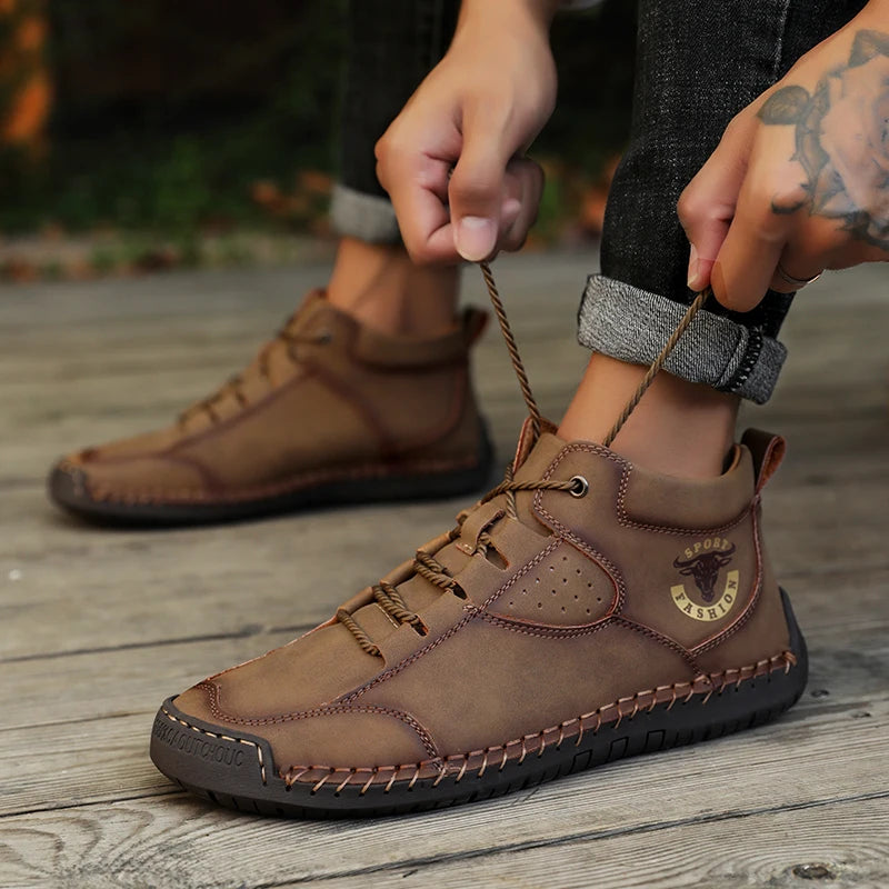 Men's Genuine Leather High-Top Casual Shoes — Handmade Waterproof Slip-On Boots (Sizes 38-48)