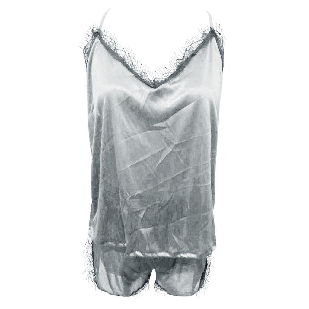 Lace V-Neck Satin Pajama Set — 2-Piece Sexy Sleepwear
