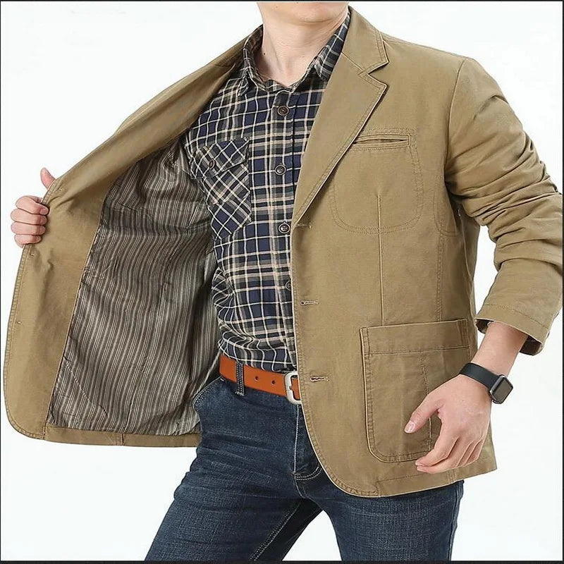 Men's Single Breasted Blazer — Washable Loose Fit Military Style Jacket