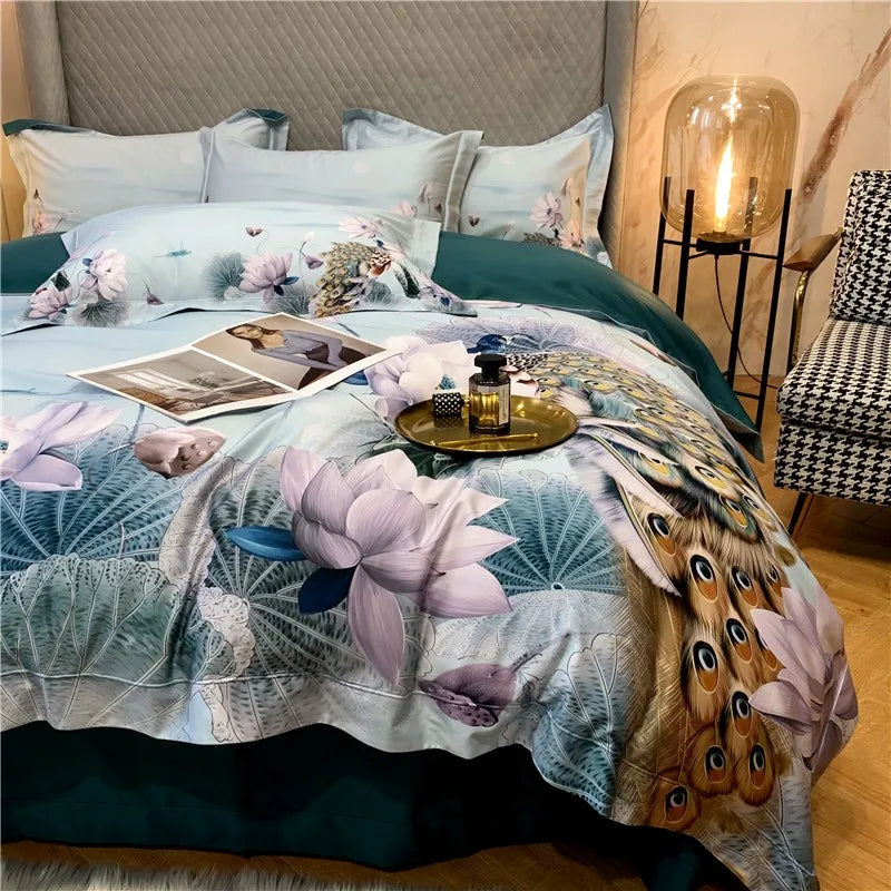 600TC Egyptian Cotton Bedding Set – Birds & Flowers Leaf Print, 16 Colors, Queen to US King