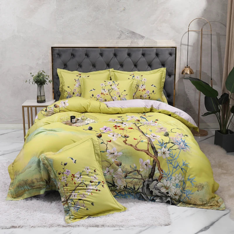 600TC Egyptian Cotton Bedding Set – Birds & Flowers Leaf Print, 16 Colors, Queen to US King