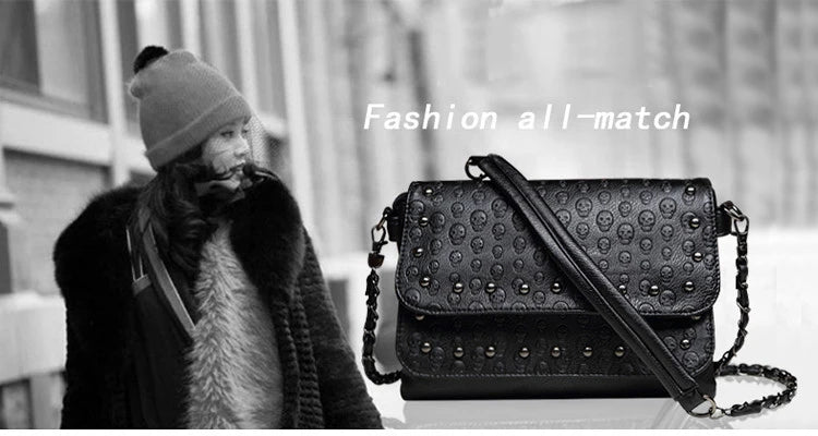 JIEROTYX England Style Skull Print PU Leather Crossbody Bag – Rivet Chain Shoulder Clutch for Women