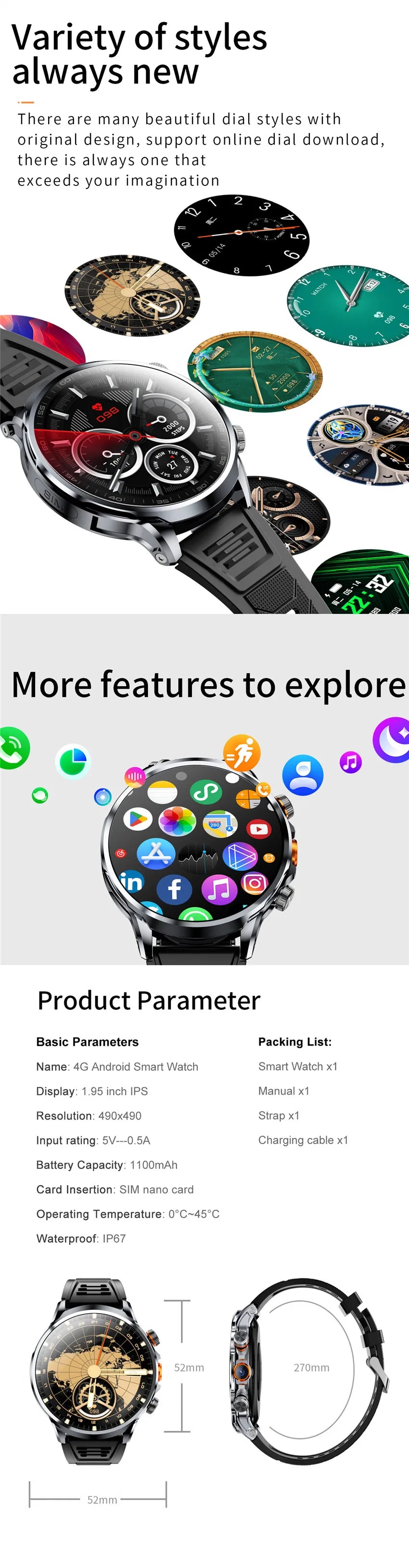 HUANLONG 4G LTE Android Smartwatch with Heart Rate Tracker GPS Navigation Remote Control SIM Card IP68 Waterproof Unisex Design