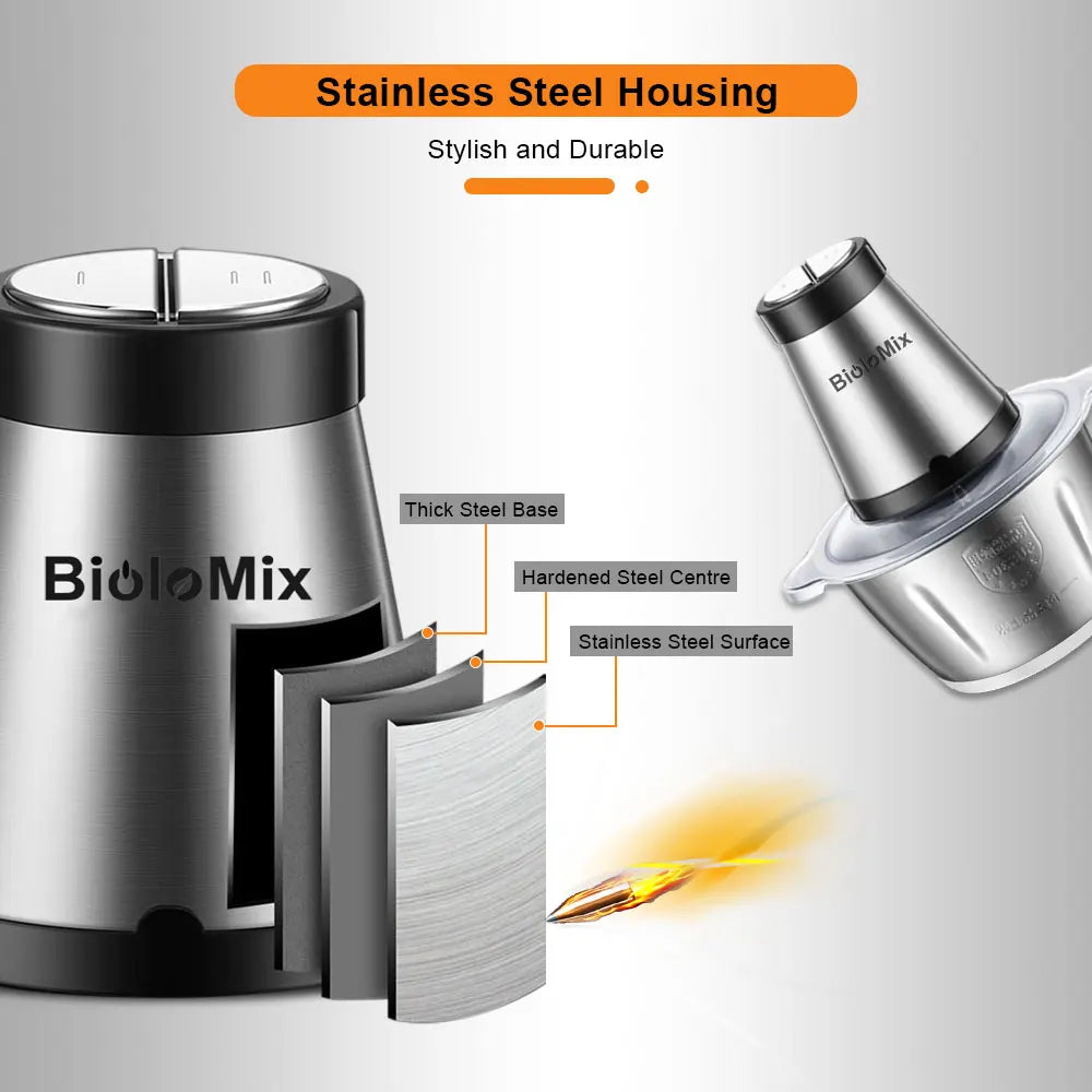BioloMix 500W Electric Meat Grinder & Food Processor – 2L Stainless Steel, 2-Speed Chopper, Mincer & Slicer