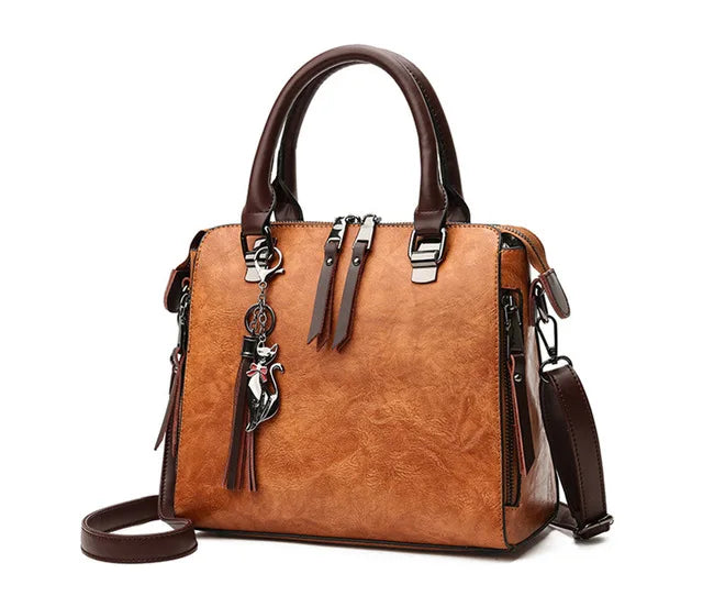 Vintage Cat Tassel Shell Crossbody Handbag – PU Leather Shoulder Tote for Women