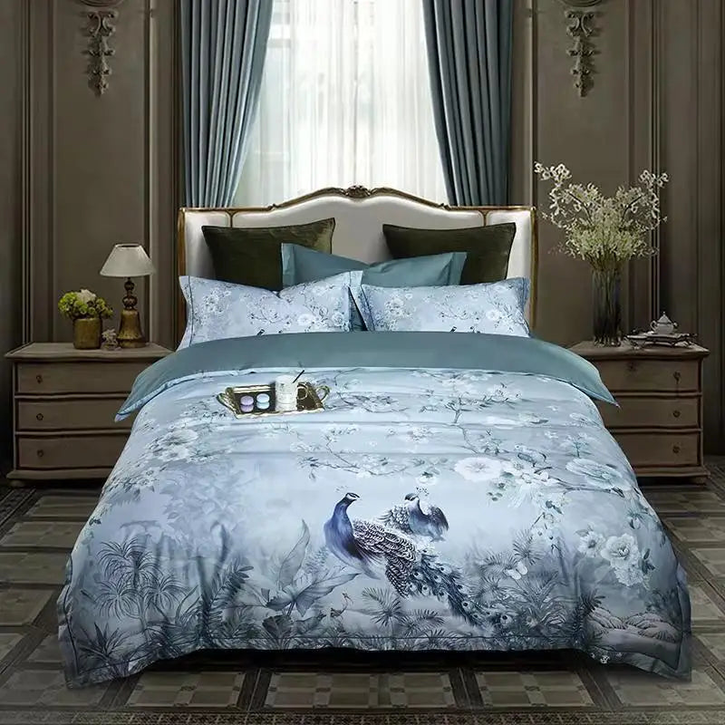 600TC Egyptian Cotton Bedding Set – Birds & Flowers Leaf Print, 16 Colors, Queen to US King
