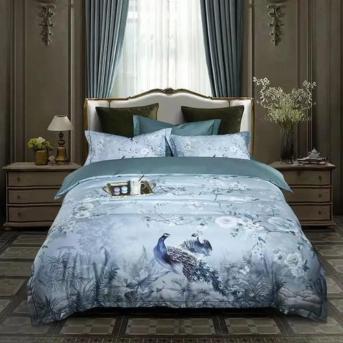 600TC Egyptian Cotton Bedding Set – Birds & Flowers Leaf Print, 16 Colors, Queen to US King