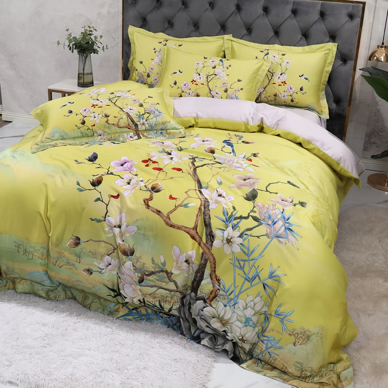 600TC Egyptian Cotton Bedding Set – Birds & Flowers Leaf Print, 16 Colors, Queen to US King