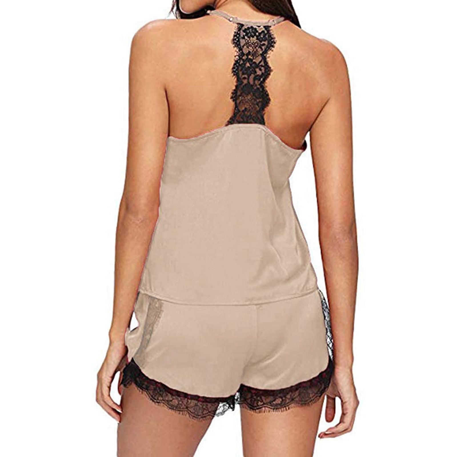 Lace V-Neck Satin Pajama Set — 2-Piece Sexy Sleepwear