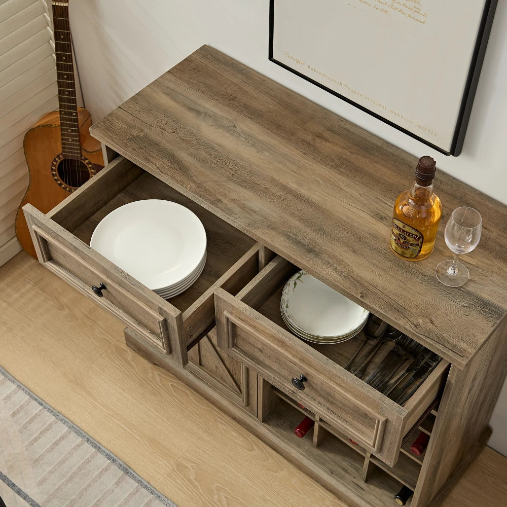 Farmhouse Wood Sideboard Buffet Cabinet with 2 Drawers & Wine Bar Removable Wine Racks Storage Shelves