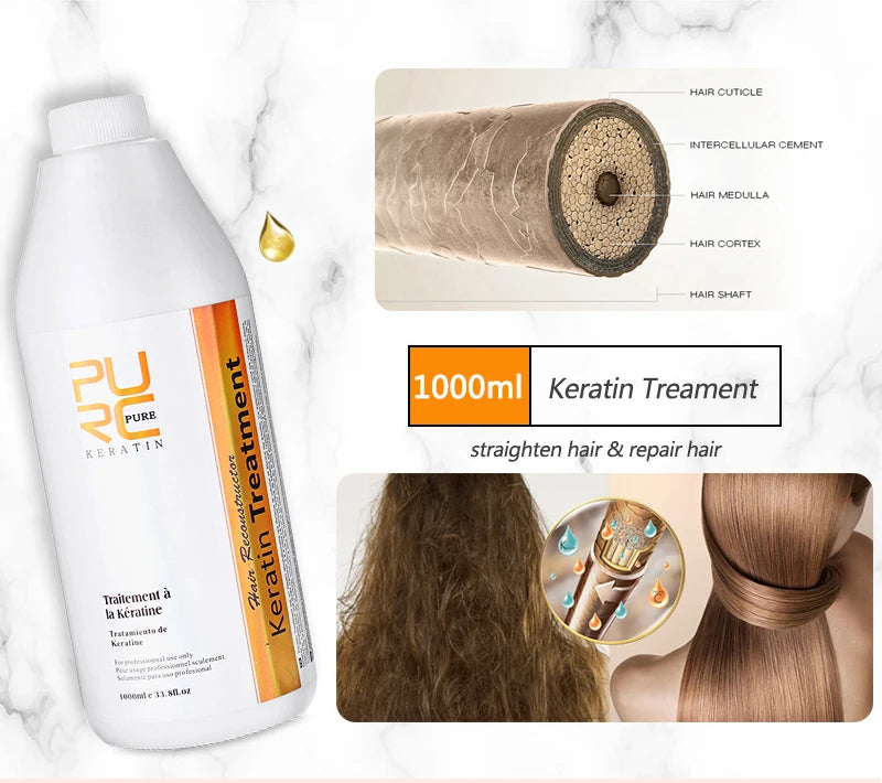 PURC 8% Keratin Smoothing Treatment Frizzy Removal Brazilian Keratin Curly Hair Care Products Salon Professional 1000ml