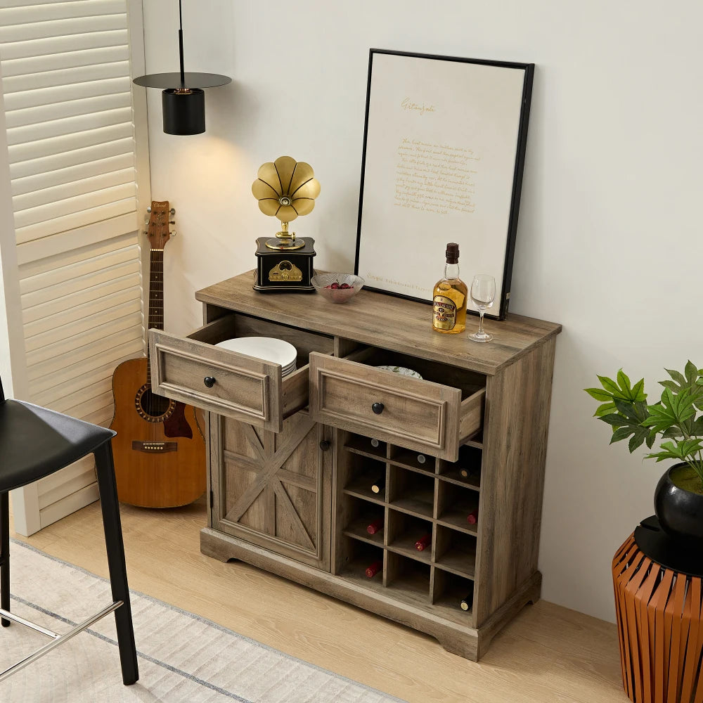 Farmhouse Wood Sideboard Buffet Cabinet with 2 Drawers & Wine Bar Removable Wine Racks Storage Shelves