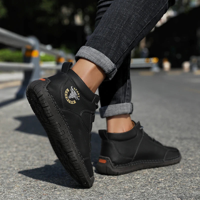 Men's Genuine Leather High-Top Casual Shoes — Handmade Waterproof Slip-On Boots (Sizes 38-48)