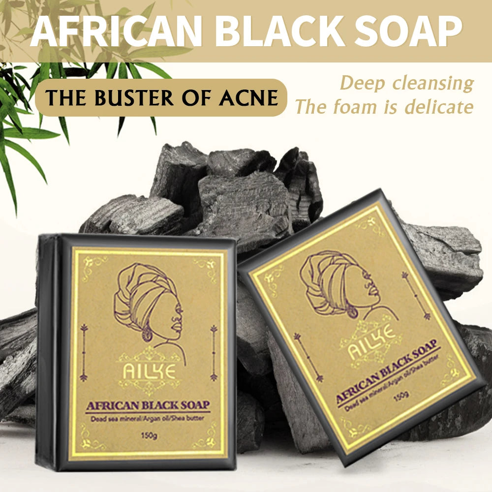 AILKE African Natural Black Soap Bar – Deep Cleansing, Anti-Acne & Brightening for Face & Body