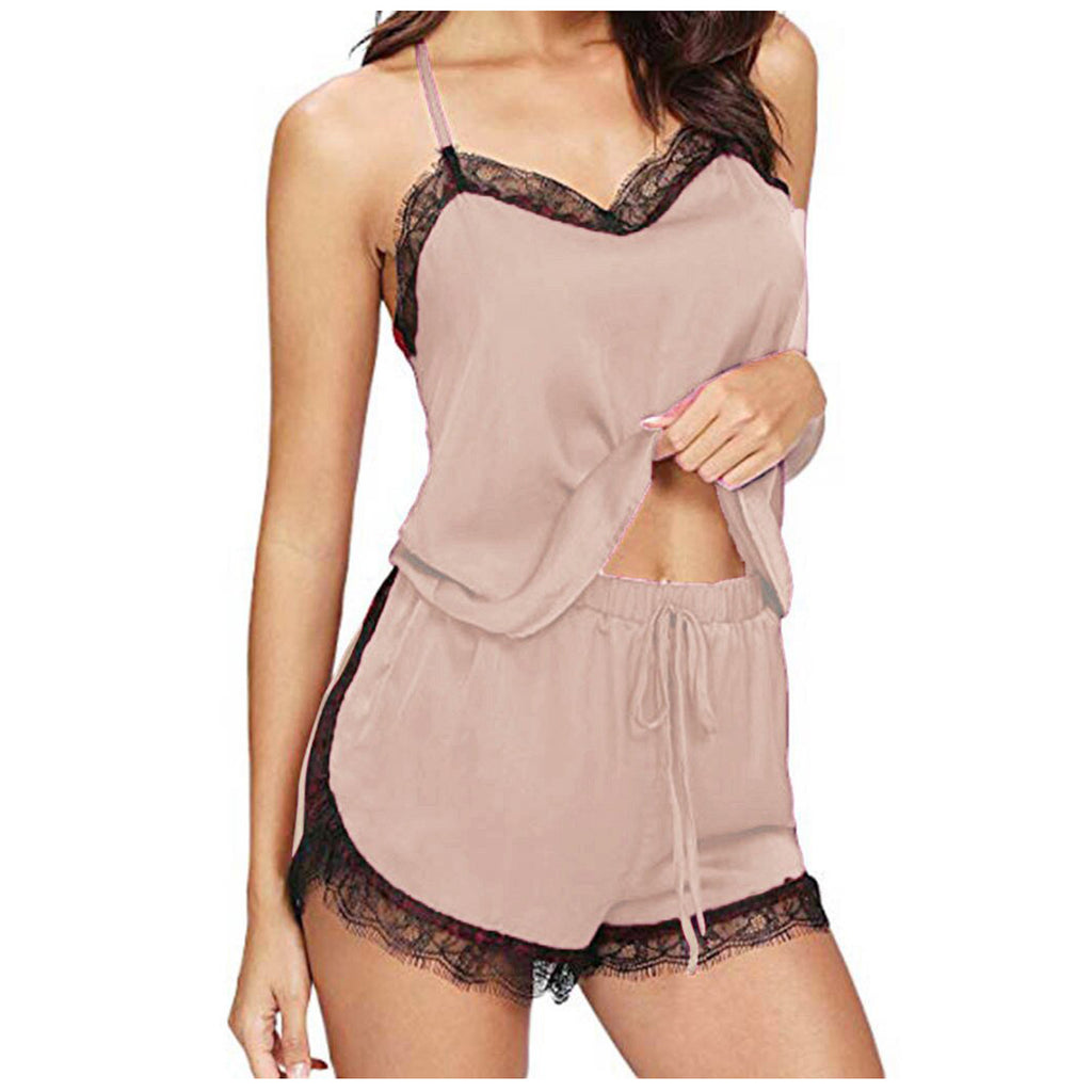 Lace V-Neck Satin Pajama Set — 2-Piece Sexy Sleepwear