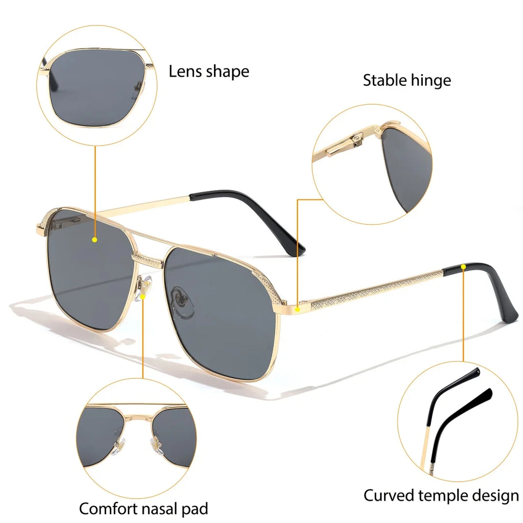 HBK Unisex Retro Double-Bridge Sunglasses | Vintage Reflective Lens UV400 Luxury Metal Frame