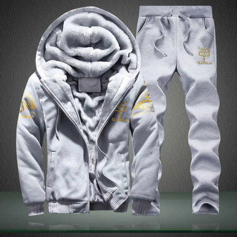 Men's Fleece Lined Thick Hooded Tracksuit – Winter Sweatshirt & Pants Sportswear Set