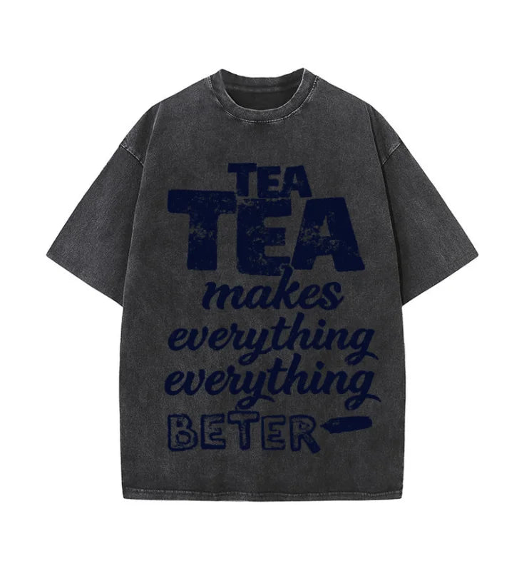 Oversized Washed Retro Tea Lover Vintage Slogan Print Streetwear T Shirt USA Stock Wholesale Y2K Men Hip Hop Casual Tee