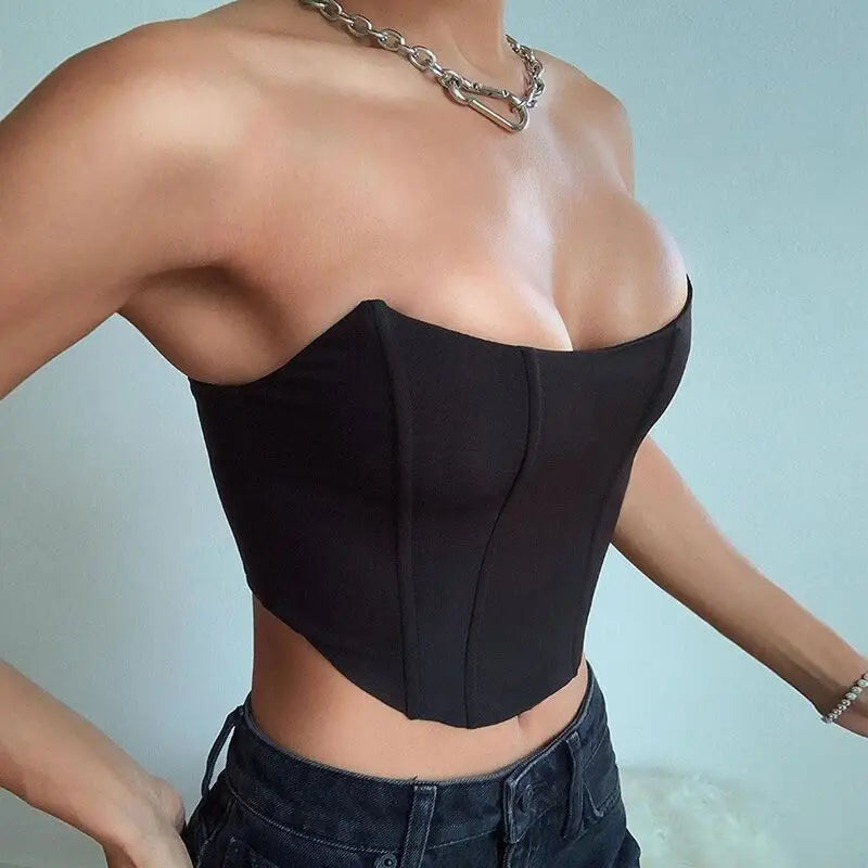 Women's Off-Shoulder Corset Crop Top – Sleeveless Backless Bustier Vest in Red, Black & Pink