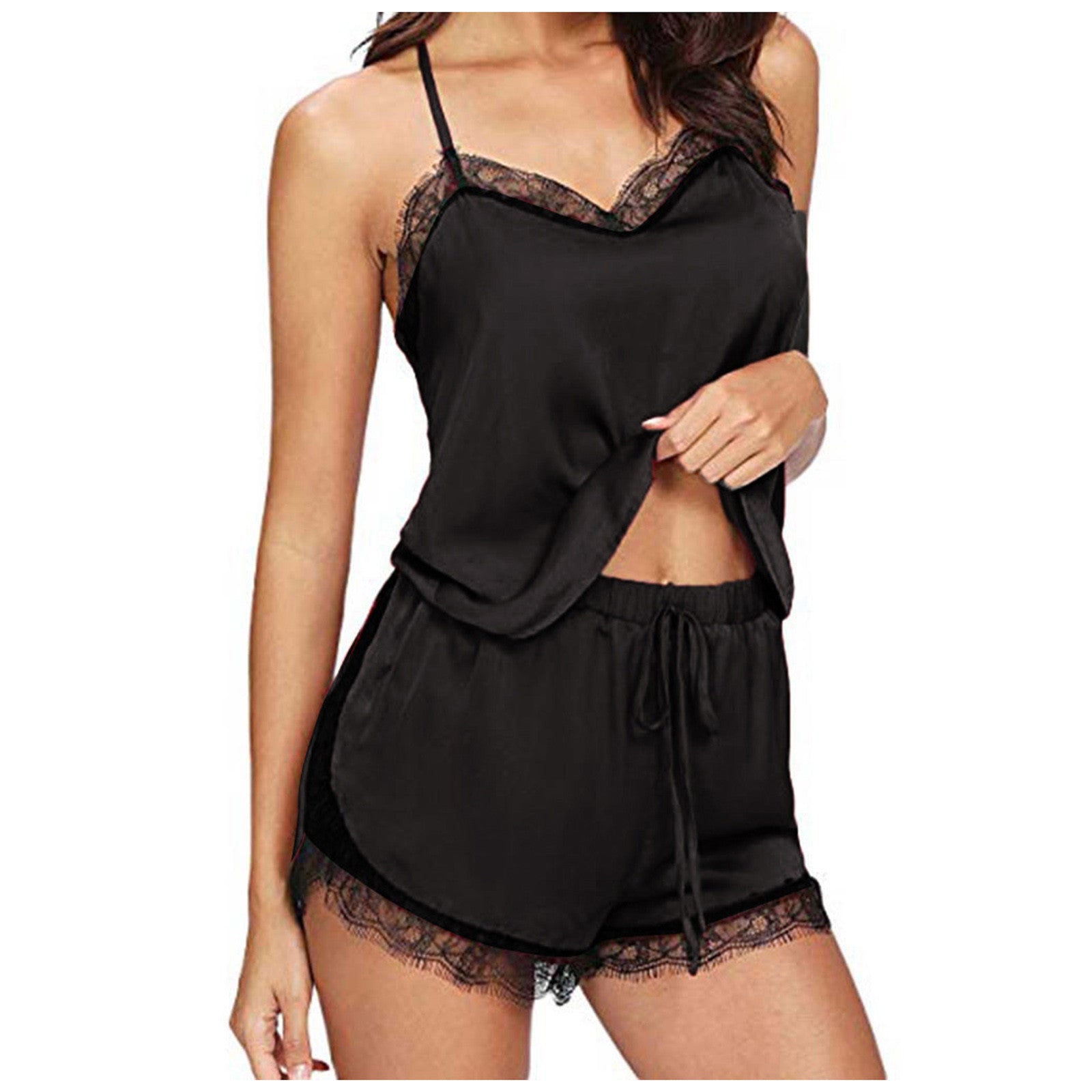 Lace V-Neck Satin Pajama Set — 2-Piece Sexy Sleepwear