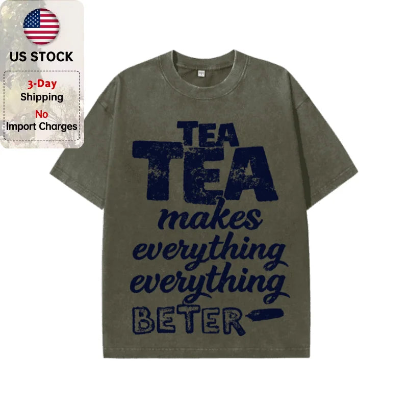 Oversized Washed Retro Tea Lover Vintage Slogan Print Streetwear T Shirt USA Stock Wholesale Y2K Men Hip Hop Casual Tee