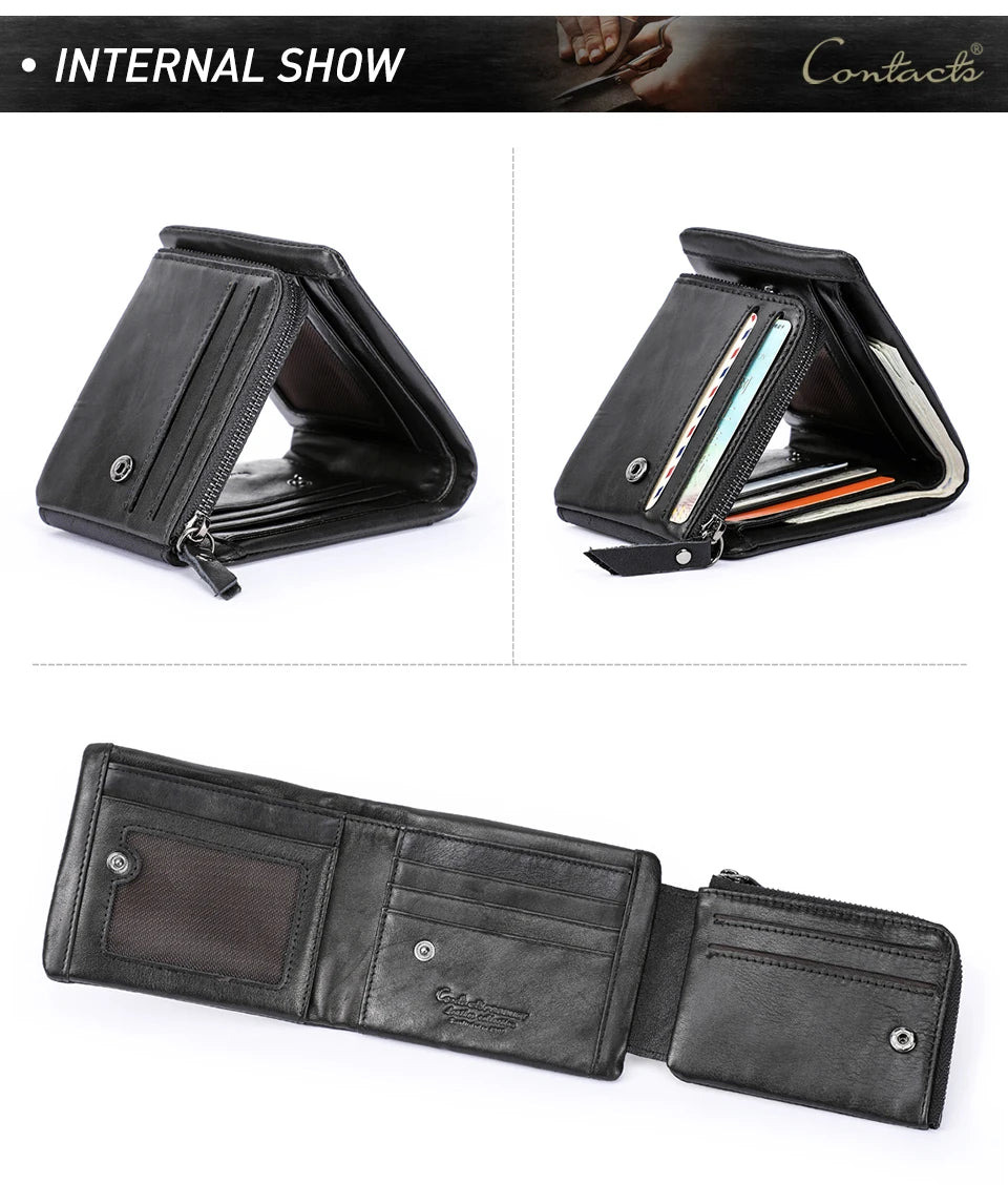 Genuine Cowhide Leather Men's Trifold Wallet – Vintage Crazy Horse Leather Zip Coin Pocket Purse