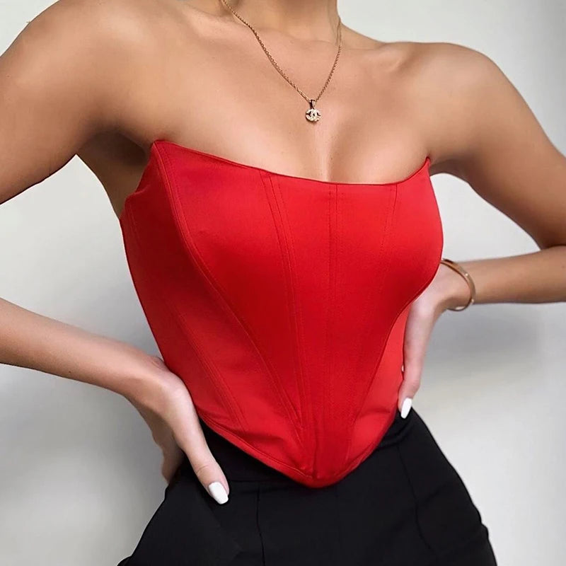 Women's Off-Shoulder Corset Crop Top – Sleeveless Backless Bustier Vest in Red, Black & Pink