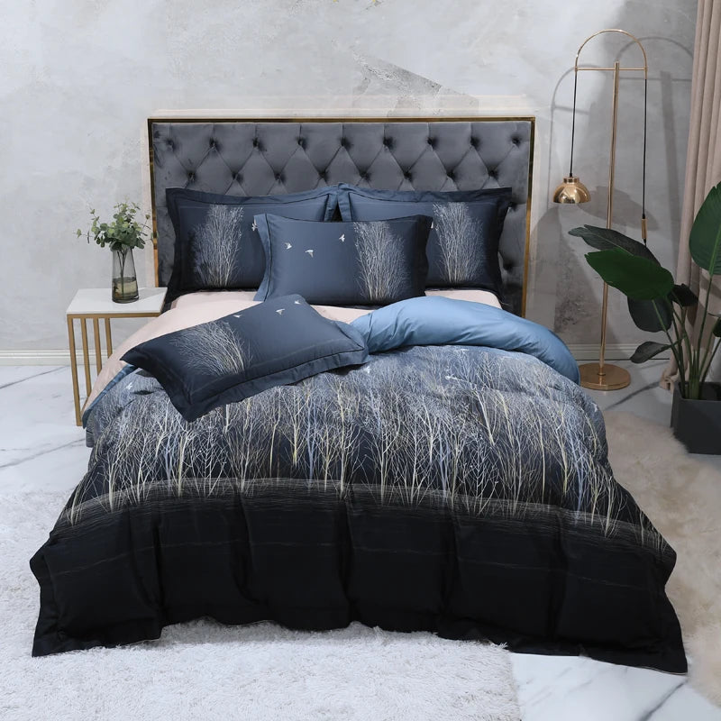 600TC Egyptian Cotton Bedding Set – Birds & Flowers Leaf Print, 16 Colors, Queen to US King