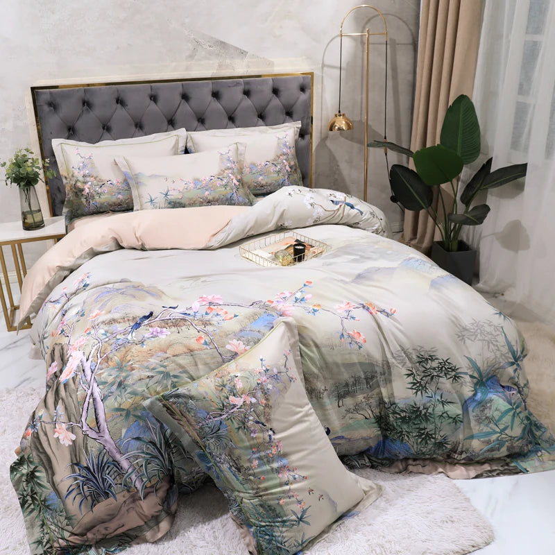 600TC Egyptian Cotton Bedding Set – Birds & Flowers Leaf Print, 16 Colors, Queen to US King