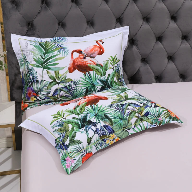 600TC Egyptian Cotton Bedding Set – Birds & Flowers Leaf Print, 16 Colors, Queen to US King