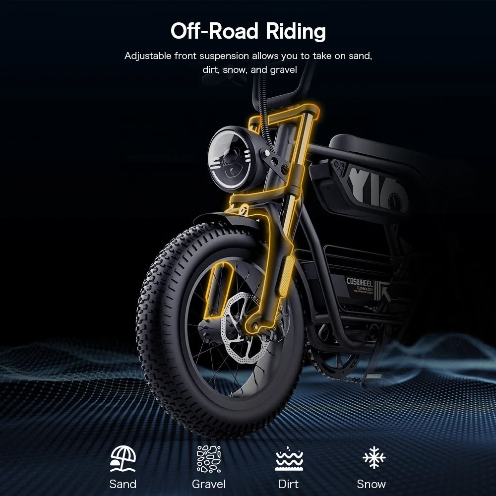 COSWHEEL Y16 1000W Urban Fat Tire E-Bike — 48V 15Ah 16" Adult Fatbike, IP54 Waterproof (Ready Stock)