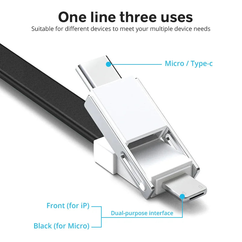 3-in-1 Magnetic Keychain USB Cable – Micro USB, USB-C & Lightning for iPhone & Android