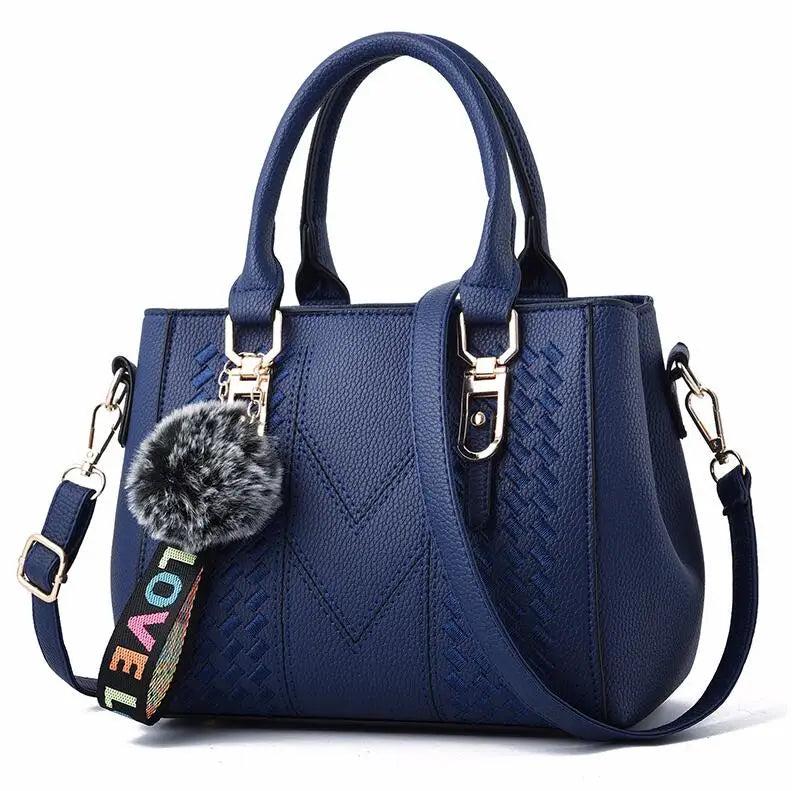 Embroidery Leather Messenger Bag – Women's Handbag with Hair Ball Charm in 12 Colors